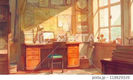 詳細な学習空間の水彩画 - ヴィンテージマップとクラシック家具が特徴の研究室 詳細な学習空間の水彩画 - ヴィンテージマップとクラシック家具が特徴の研究室 118629320