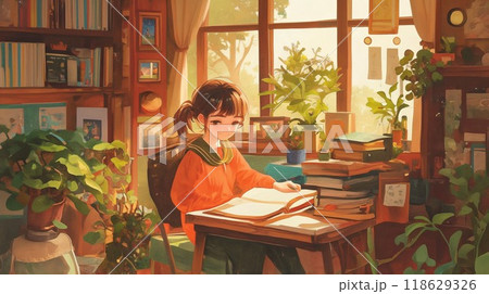 学びのひととき - 青春と植物に囲まれた快適な読書空間の水彩画 118629326