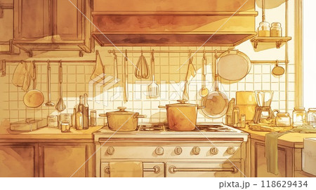 暖かい色調の手描きキッチン:料理の準備風景 暖かい色調の手描きキッチン:料理の準備風景 118629434
