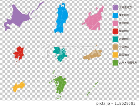 Map of Japan, regional color coding, with names Map of Japan, regional color coding, with names 118629583