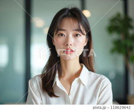 ビジネスシーン 女性社員 カメラ目線 ポートレート オフィス ビジネスシーン 女性社員 カメラ目線 ポートレート オフィス 118629642