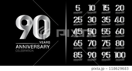 Set of premium anniversary logotype. Silver anniversary celebration emblem design for company profile, leaflet, magazine, brochure, web, banner, invitation or greeting card. Set of premium anniversary logotype. Silver anniversary celebration emblem design for company profile, leaflet, magazine, brochure, web, banner, invitation or greeting card. 118629683