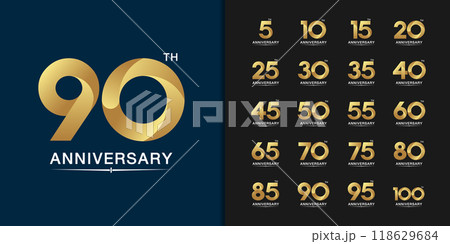 Set of premium anniversary logotype. Golden anniversary celebration emblem design for company profile, leaflet, magazine, brochure, web, banner, invitation or greeting card. 118629684