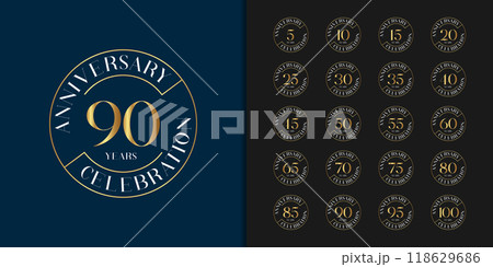 Set of premium anniversary logotype. Golden anniversary celebration emblem design for company profile, leaflet, magazine, brochure, web, banner, invitation or greeting card. Set of premium anniversary logotype. Golden anniversary celebration emblem design for company profile, leaflet, magazine, brochure, web, banner, invitation or greeting card. 118629686