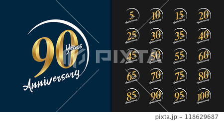 Set of premium anniversary logotype. Golden anniversary celebration emblem design for company profile, leaflet, magazine, brochure, web, banner, invitation or greeting card. 118629687