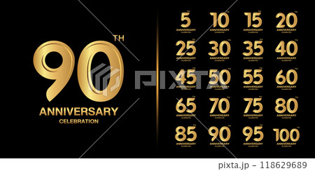 Set of premium anniversary logotype. Golden anniversary celebration emblem design for company profile, leaflet, magazine, brochure, web, banner, invitation or greeting card. 118629689