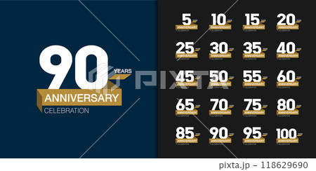 Set of trendy anniversary logotype. Modern geometric anniversary celebration icons design for company profile, leaflet, magazine, brochure poster, web, invitation or greeting card. 118629690