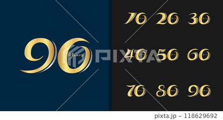 Set of premium anniversary logotype. Golden anniversary celebration emblem design for company profile, leaflet, magazine, brochure, web, banner, invitation or greeting card. Set of premium anniversary logotype. Golden anniversary celebration emblem design for company profile, leaflet, magazine, brochure, web, banner, invitation or greeting card. 118629692