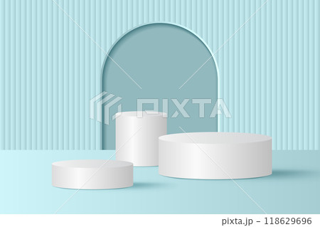 Abstract 3D blue podium background. Modern minimalist mockup for product display presentation. Realistic blue cylinder pedestal podium. Abstract 3D blue podium background. Modern minimalist mockup for product display presentation. Realistic blue cylinder pedestal podium. 118629696