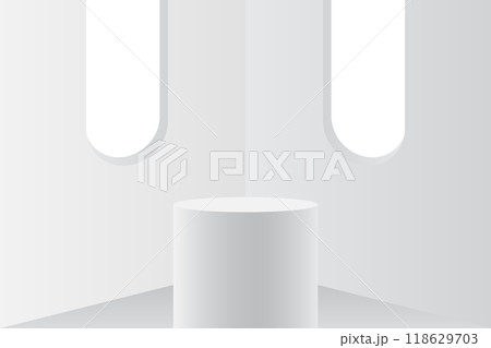 Abstract 3D white podium background. Modern minimalist mockup for product display presentation. Realistic white cylinder pedestal podium. Abstract 3D white podium background. Modern minimalist mockup for product display presentation. Realistic white cylinder pedestal podium. 118629703