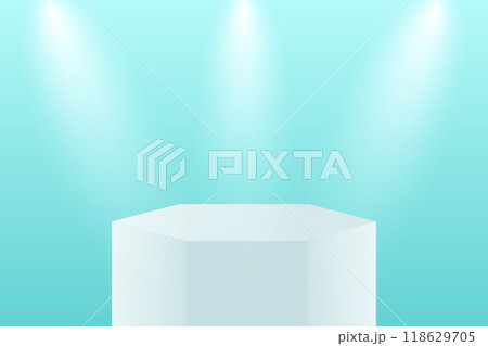 Abstract 3D blue podium background. Modern minimalist mockup for product display presentation. Realistic blue cylinder pedestal podium. Abstract 3D blue podium background. Modern minimalist mockup for product display presentation. Realistic blue cylinder pedestal podium. 118629705