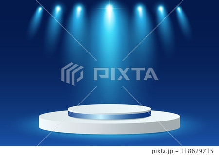 Abstract 3D podium with spot light on blue studio background. Modern minimalist mockup for product display presentation. Abstract 3D podium with spot light on blue studio background. Modern minimalist mockup for product display presentation. 118629715