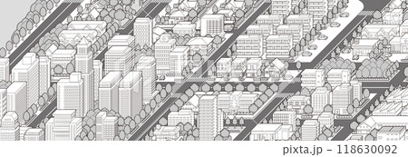 都市景観の立体イラスト.  建物のベクターイラスト. 118630092