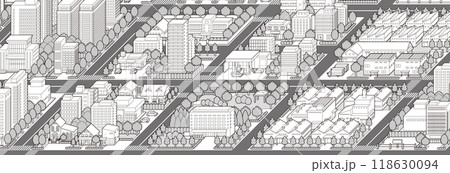 都市景観の立体イラスト.  建物のベクターイラスト. 118630094