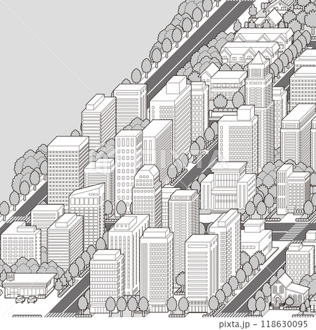 都市景観の立体イラスト.  建物のベクターイラスト. 118630095