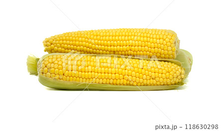 Fresh corn cobs with husks and kernels isolated on a white background Fresh corn cobs with husks and kernels isolated on a white background 118630298