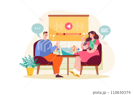 Man and woman recording a podcast conversation 118630374