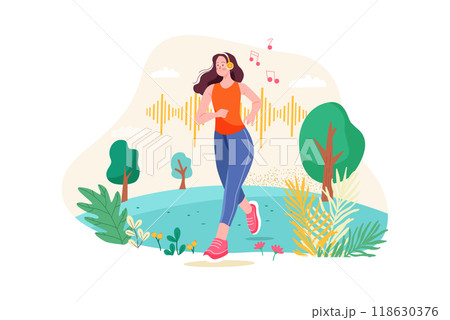 Woman listening to a podcast while jogging 118630376