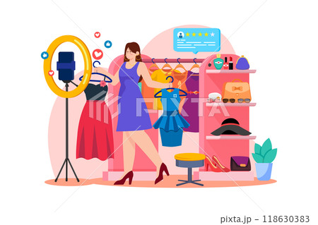 Female fashion vlogger trying on clothes Female fashion vlogger trying on clothes 118630383