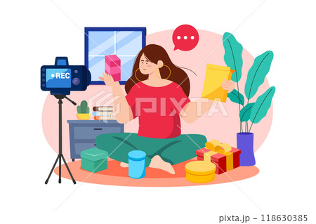 Woman doing a product unboxing video Woman doing a product unboxing video 118630385