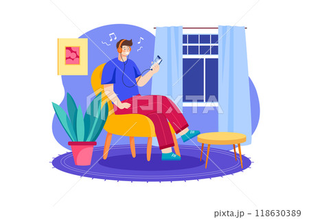 Man listening to music on earphones using mobile phone 118630389