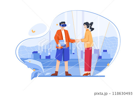 Man wearing virtual glasses is shaking a hand with a hologram graphic in a cyberspace area 118630493