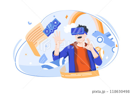 A man having fun playing metaverse VR virtual reality glasses A man having fun playing metaverse VR virtual reality glasses 118630498
