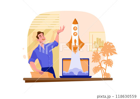 Businessman Launches Rocket From A Laptop Businessman Launches Rocket From A Laptop 118630559