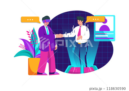 Man wearing virtual glasses is shaking a hand with a hologram graphic in a cyberspace area 118630590