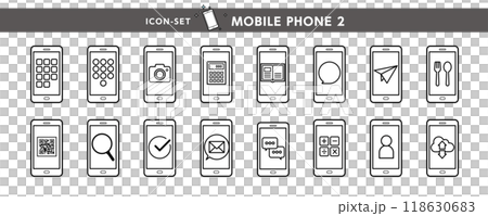 カメラ、QRコード、メール、SNSなど携帯電話、スマホの便利機能いろいろアイコン 118630683