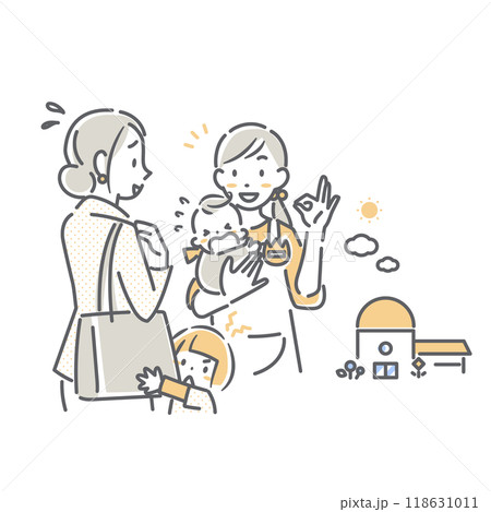 保育園に子供を預けるお母さんと保育士　シンプルでお洒落な線画イラスト 118631011