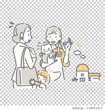 保育園に子供を預けるお母さんと保育士　シンプルでお洒落な線画イラスト 118631011
