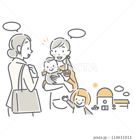 保育園に子供を預けるお母さんと保育士　シンプルでお洒落な線画イラスト 118631013