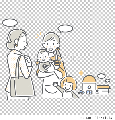 保育園に子供を預けるお母さんと保育士　シンプルでお洒落な線画イラスト 118631013