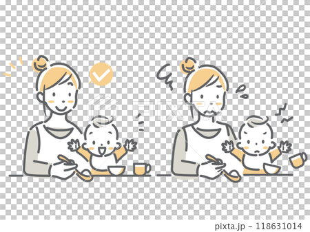 A young mother feeding her baby food - simple and stylish line drawing illustration 118631014