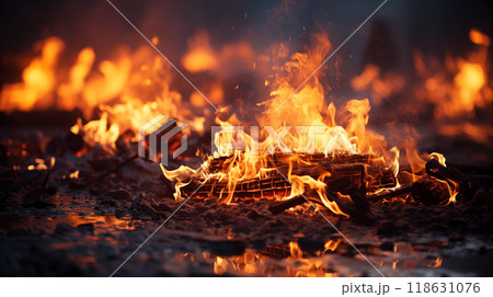 Close-up view of fire showcasing intense flames dancing with vibrant energy. This captivating fire scene draws you in, revealing the raw power and mesmerizing beauty of fire in every flicker. 118631076