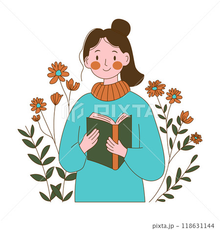 Innocent Nerd Girl Character Reading a Book with Flower Floral Decoration 118631144