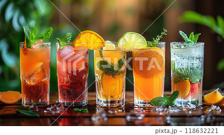 Assorted summer drinks in different glassware on a bar table, high resolution 118632221