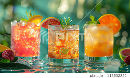 Vibrant summer cocktails in a range of glasses on a bar table, high resolution 118632222