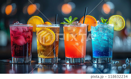 Selection of colorful summer cocktails on a bar table, high resolution 118632234