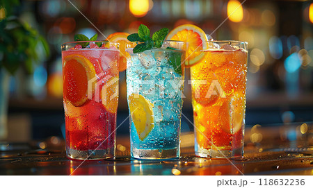 Refreshing summer beverages in assorted glasses on a bar table, high resolution 118632236