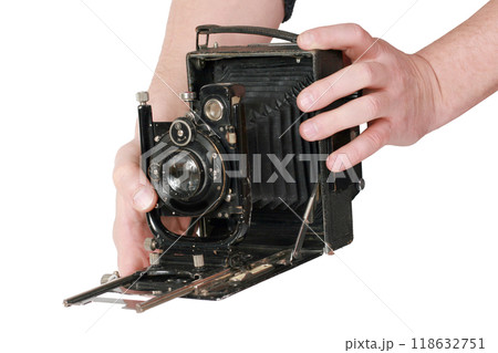 Old antique vintage black camera the 19th century isolated on white background with cliping path. Russia. 118632751
