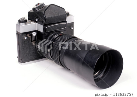 Old antique vintage black camera the 19th century isolated on white background with cliping path. Russia. Old antique vintage black camera the 19th century isolated on white background with cliping path. Russia. 118632757