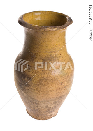 Antique clay jug, pot on a white background Antique clay jug, pot on a white background 118632761