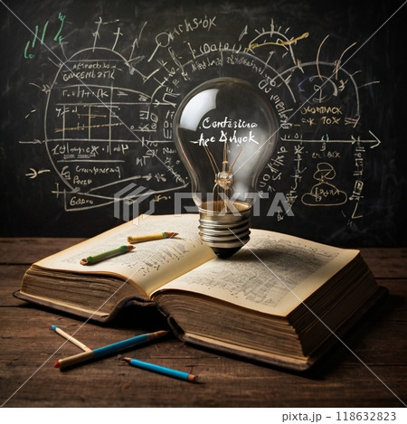 本の上に置かれた電球と電球 本の上に置かれた電球と電球 118632823