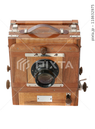 Old antique vintage black camera the 19th century isolated on white background with cliping path. Russia. 118632975
