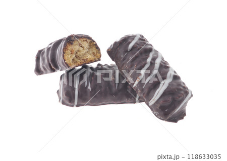 Tasty cookie and cakes isolated on white background 118633035