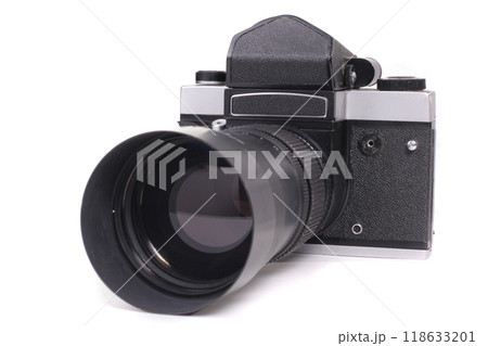 Old antique black camera the 19th century isolated on white background with cliping path. Russia. 118633201