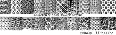 Geometric floral set of seamless patterns. White and black vector backgrounds. Damask graphic ornaments. Geometric floral set of seamless patterns. White and black vector backgrounds. Damask graphic ornaments. 118633472