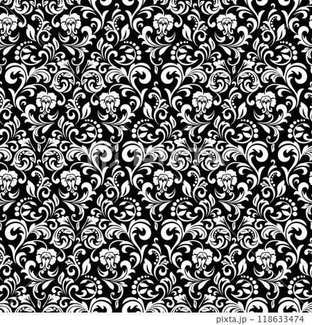 Wallpaper in the style of Baroque. Seamless vector background. White and black floral ornament. Graphic pattern for fabric, wallpaper, packaging. Ornate Damask flower ornament. 118633474